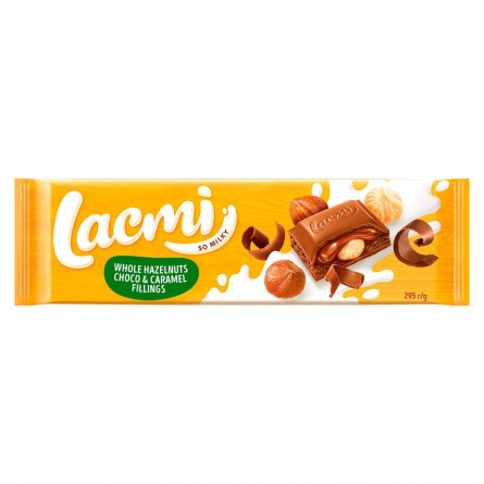 Шоколад молочний Roshen Lacmi з цілими лісовими горіхами і шоколадно карамельною начинкою 295г