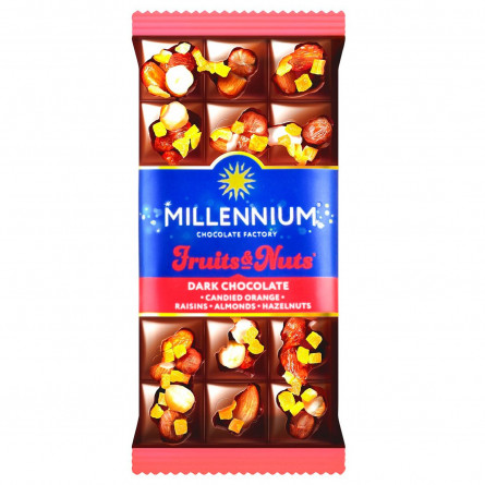 Шоколад чорний Millennium Fruits&Nuts з мигдалем, цілими лісовими горіхами, апельсиновими цукатами та родзинками 80г slide 1