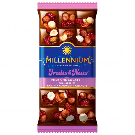 Шоколад молочный Millennium Fruits&Nuts с миндалем, цельными лесными орехами, клюквой и изюмом 80г