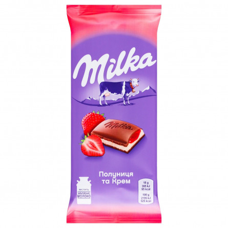 Шоколад молочный Milka с кремово-клубничной начинкой 90г slide 1