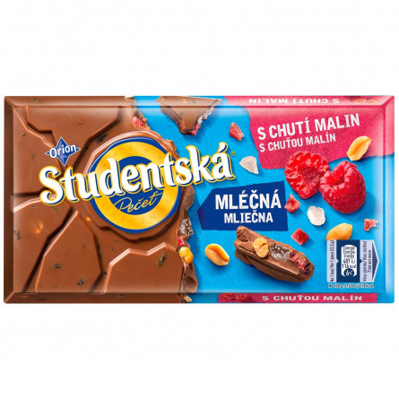 Шоколад молочный ORION® Studentská с арахисом кусочками желе и малины 180г slide 1