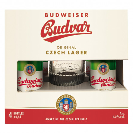 Набір Пиво Budweiser світле фльтроване 5% 4шт*0,5л + Келих 0,5л slide 1