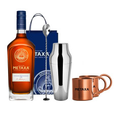 Набір подарунковий №4 Бренді Metaxa 12* 40% 0,7л + барна ложка + шейкер + подарунковий пакет + кружки 2шт mini slide 1