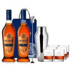 Набір подарунковий №5 Бренді Metaxa 7* 40% 0,7л 2шт + барна ложка + шейкер + подарунковий пакет + келихи 6шт mini slide 1