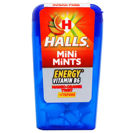 Цукерки Halls Mini Mints апельсин-манго з вітаміном В6 та екстрактом гуарани 12,5г