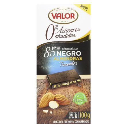 Шоколад Valor чорний з мигдалем без цукру 100г