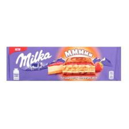 Шоколад Milka Strawberry Cheesecake молочный с начинкой со вкусом чизкейка, клубничной начинкой и печеньем 300г