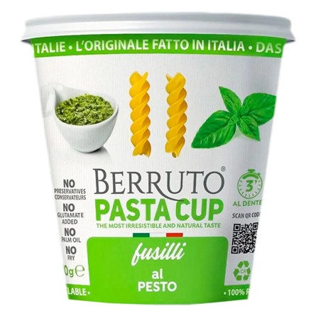 Макаронні вироби Berruto Pasta Cup Фузіллі швидкого приготування з соусом Песто 70г slide 1
