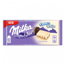 Шоколад Milka білий з молочною начинкою зі смаком ванілі та шматочками печива Орео 100г mini slide 1