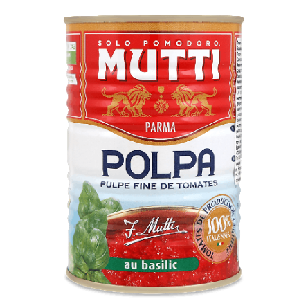 Томати Mutti очищені різані в томатному соку з базиліком