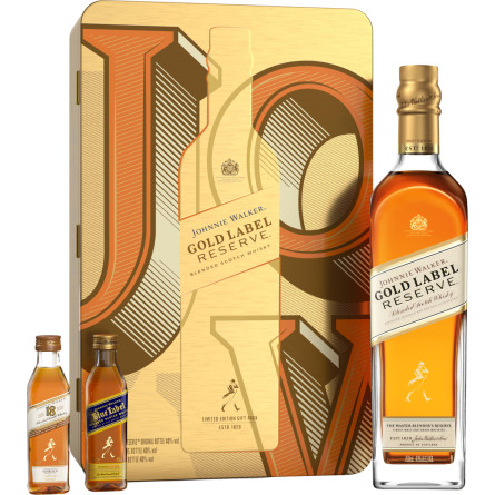 Набір віскі Johnnie Walker "Gold Label Reserve" (Johnnie Walker "Gold Label Reserve" 0.7 л 40%) (подарункове паковання + пляшка 0.05 л 40% віскі Johnnie Walker "18 Years Old" + пляшка 0.05 л 40% віскі Johnnie Walker "Blue Label")