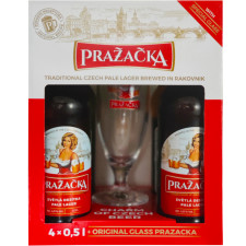 Подарочный набор пиво Prazаcka светлое фильтрованное пастеризованное 4% 0.5 л x 4 шт. + бокал 0.33 л mini slide 1