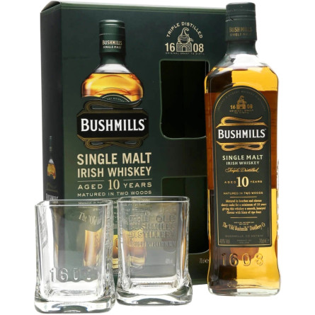 Виски Bushmills Single Malt 10 год выдержки 0.7 л 40% в подарочной упаковке с 2 стаканами