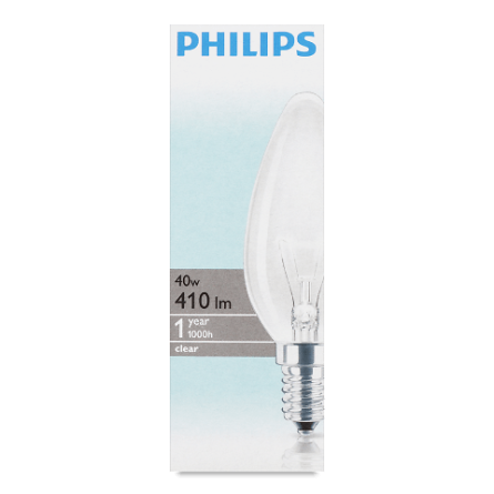 Лампа Philips 40W свічка В35 E14 прозора