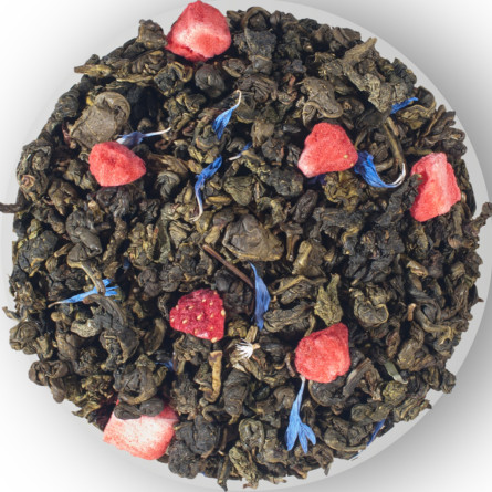 Чай зелений листовий зі шматочками полуниці, пелюстками квітів і ароматом суниці Чайні шедеври Полуничний зефір 500 г slide 1