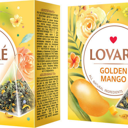 Упаковка чая Lovare зеленого с лепестками цветов и ароматом манго Golden Mango 2 пачки по 15 пирамидок slide 1