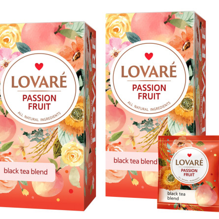 Упаковка цейлонського чорного чаю Lovare Фрукт пристрасті з фруктами, пелюстками квітів та ароматом персика та маракуї 2 пачки по 24 пакетики slide 1