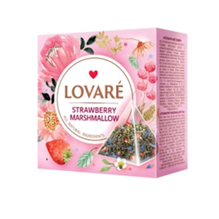 Упаковка чаю Lovare зеленого зі шматочками ягід, пелюстками квітів і ароматом суниці Strawberry Marshmallow 2 пачки по 15 пірамідок