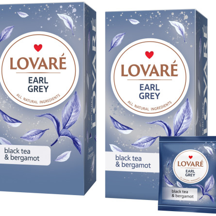 Упаковка черного чая Lovare Earl Grey с ароматом бергамота 2 пачки х 24 пакетика в индивидуальных конвертах