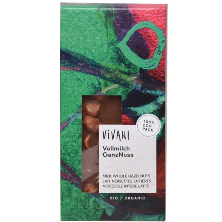 Шоколад молочний з цілим лісовим горіхом, Vivani, 100г