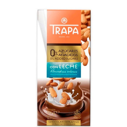 Шоколад молочный без сахара с целым миндалем, Trapa, 175г