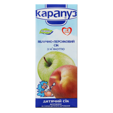 Сок Карапуз яблочно-персиковый с мякотью и сахаром детский гомогенизированный с 4 месяцев 200мл