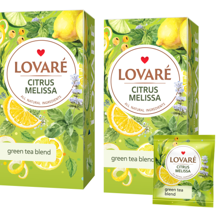 Упаковка бленди трав'яного та зеленого чаю Lovare Цитрусова меліса з ароматом лимона 2 пачки по 24 пакетики