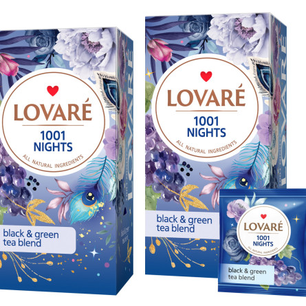 Упаковка чаю Lovare Бленд чорного та зеленого чаю з фруктами та пелюстками квітів 1001 Ніч 2 пачки по 24 пакетиків