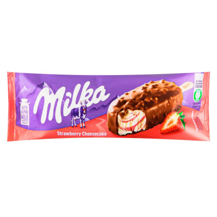 Мороженое Milka со вкусом чизкейка и клубничного сорбета в молочном шоколаде с бисквитной крошкой 67г