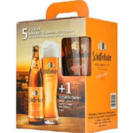 Подарунковий набір пиво Schofferhofer Hefeweizen світле нефільтроване 5% 0.5 л х 5 шт. + келих 0.5 л slide 1
