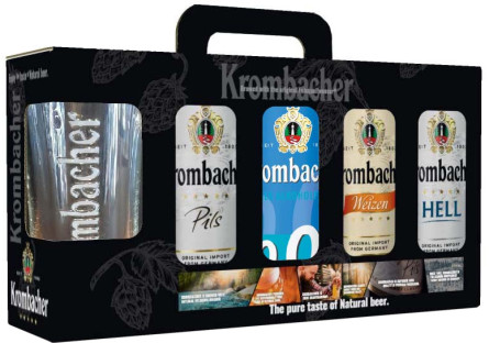 Подарунковий набір пива Krombacher Pils 4.8% 0.5 л x 1 шт + Krombacher Weizen 4.8% 0.5 л x 1 шт + Krombacher Hell 6% х 1 шт + Krombacher Pils 0% х 1 шт + бокал 0.4 л