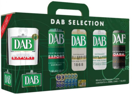 Подарочный набор пива DAB Export 5% 0.5 л x 1 шт + DAB Dark 4.9% 0.5 л x 1 шт + DAB Kellerbier 5.6% 0.5 л х 1 шт + DAB Hoppy Lager 5% 0.5 л х 1 шт + бокал