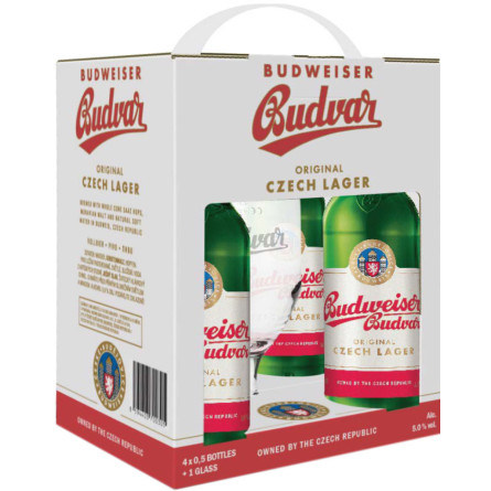 Подарочный набор пива Budweiser Budvar Original светлое фильтрованное 5% 0.5 л x 4 шт + бокал 0.33 л