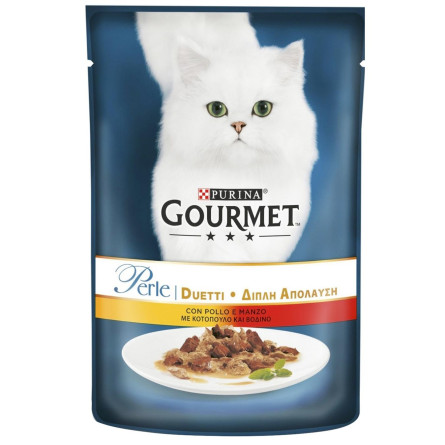 Корм для взрослых котов GOURMET PERLE DUO консервированный мини филе в подливке с курицей и говядиной 85г