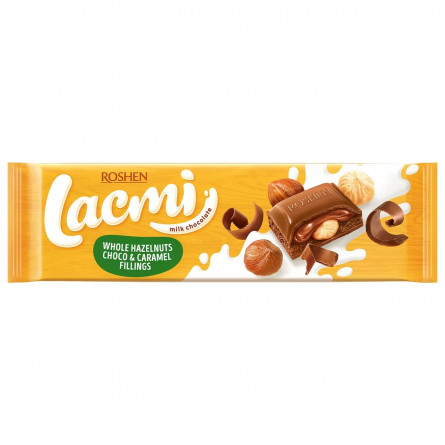Шоколад молочний Roshen Lacmi з цілими лісовими горіхами і шоколадно карамельною начинкою 295г slide 2
