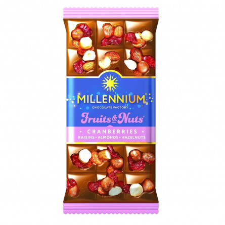 Шоколад молочный Millennium Fruits&Nuts с миндалем, цельными лесными орехами, клюквой и изюмом 80г slide 2