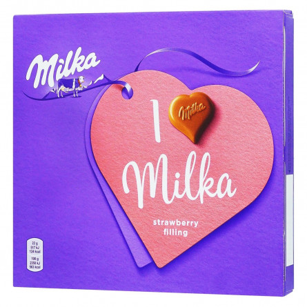 Цукерки з молочного шоколаду Milka кремово-полунична начинка 110г slide 1