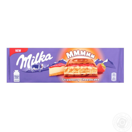 Шоколад Milka Strawberry Cheesecake молочный с начинкой со вкусом чизкейка, клубничной начинкой и печеньем 300г slide 1