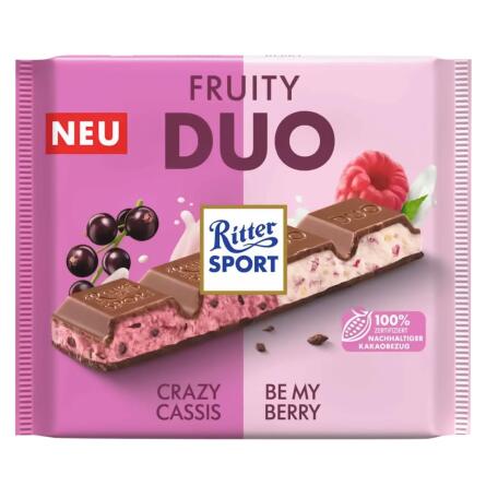 Шоколад молочный Ritter Sport Fruity Duo с кусочками смородины, малины и рисовыми хлопьями 218г slide 1