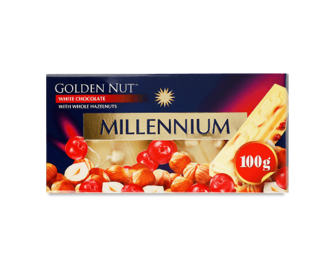 Білий шоколад Millennium Gold з цілими лісовими горіхами та журавлиною, 100г