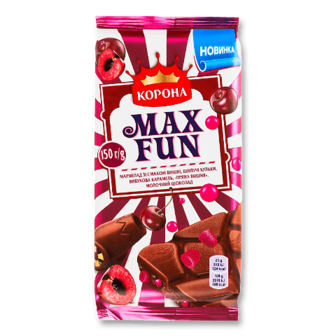 Шоколад молочний «Корона» Max Fun зі смаком вишні 150г