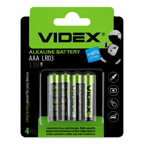 Батарейка лужна Videx AAA LR03 4шт/уп