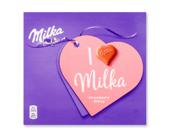 Цукерки Milka з кремово-полуничною начинкою в молочному шоколаді, 110г