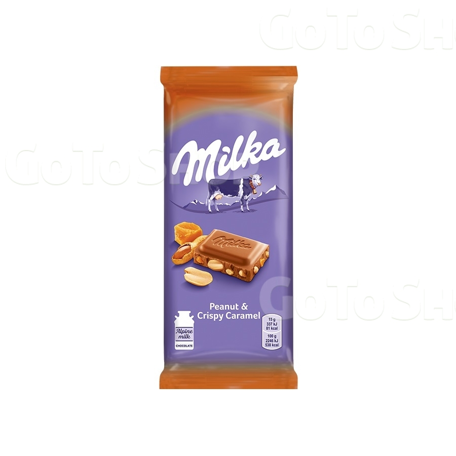 Шоколад 90г Milka молочний з арахісом, шматочками хрумкої карамелі, рисовими кульками 
