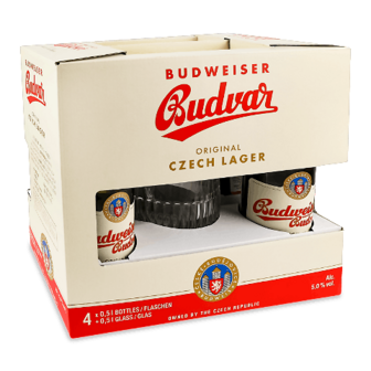 Пиво Budweiser Budvar світле нефільтроване 4х0,5л+келих шт