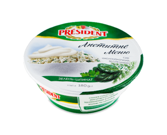 Сир кисломолочний President зелень-шпинат зі сметаною 9%, стакан, 180г