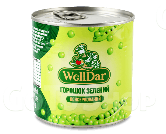 Горошок WellDar зелений консервований, ключ з/б, 420г
