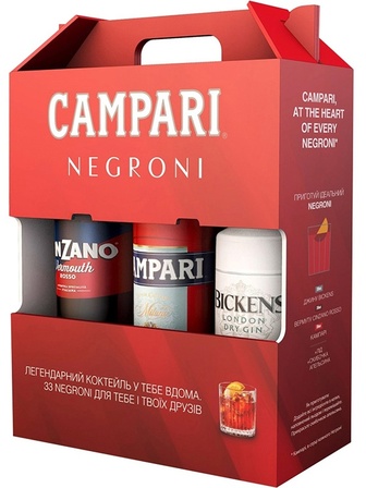 Подарунковий набір Negroni: Бітер Campari 1л + Вермут Rosso Cinzano 1л + Джин Bickens 1л