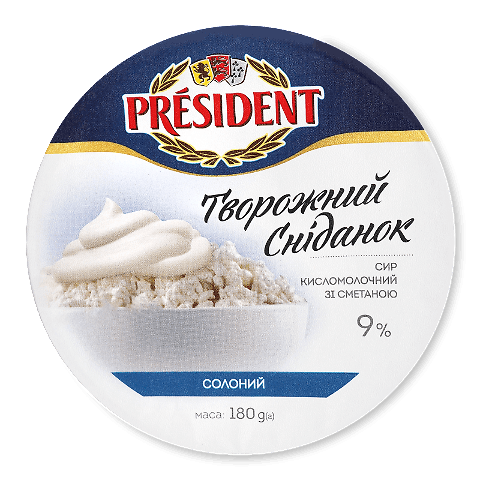 Сир кисломолочний President зі сметаною солоний 9%, 180г