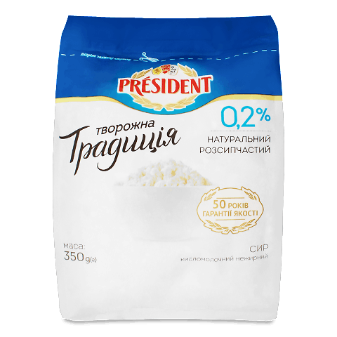 Сир кисломолочний President «Творожна традиція» 0,2%, 350г